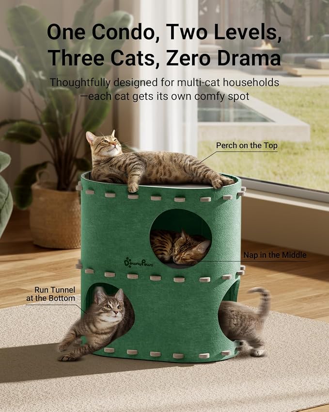DownyPaws Cat House for Indoor Cats, 2-Storey Cat Bed Cave, Forest | Cat Hideaway Enclosed Bed,Cave Hideout Fort,Kitten Houses for Large Cats,Hide Box Bed Multicats Scratch Resistant