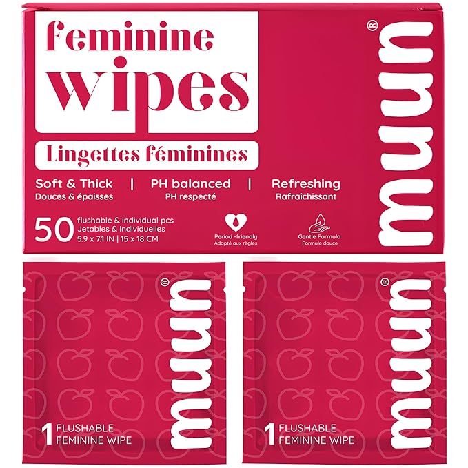 Muun Feminine Wipes Flushable - 50 Counts Individual Vaginal Wipes Ph Balance, Anti Itch Deodorant Hygiene Wrapped Personal Cleansing, Wet Wipes for Intimate, Butt