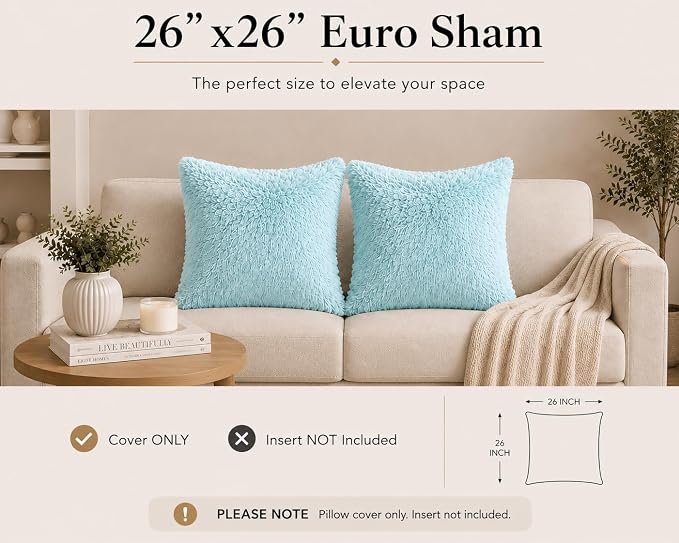 REAFORT Long Hair Faux Fur Euro Sham Cover 26"x26", Hidden Zipper(Aqua) | Ultra-soft plush faux fur with a hidden zipper adds luxurious comfort and is machine washable for easy care.