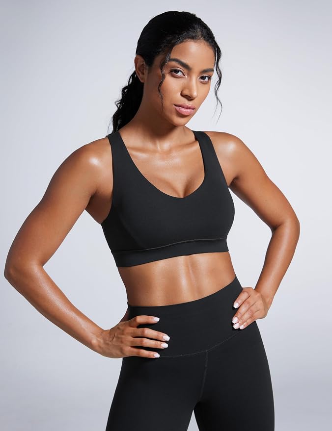 CRZ YOGA Butterbreeze Criss Cross Back Sports Bras for Women - V Neck Adjustable Straps Padded Workout Training Crop Top