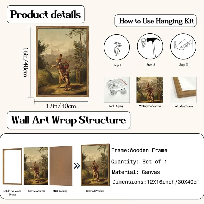 Funny Rabbit Wall Art Whimsical Bunny Wall Decor Painting Vintage Cottagecore Easter Animal Poster Canvas Prints Hare Family Picture Artwork for Living Room Bedroom 12x16 inch Wood Framed