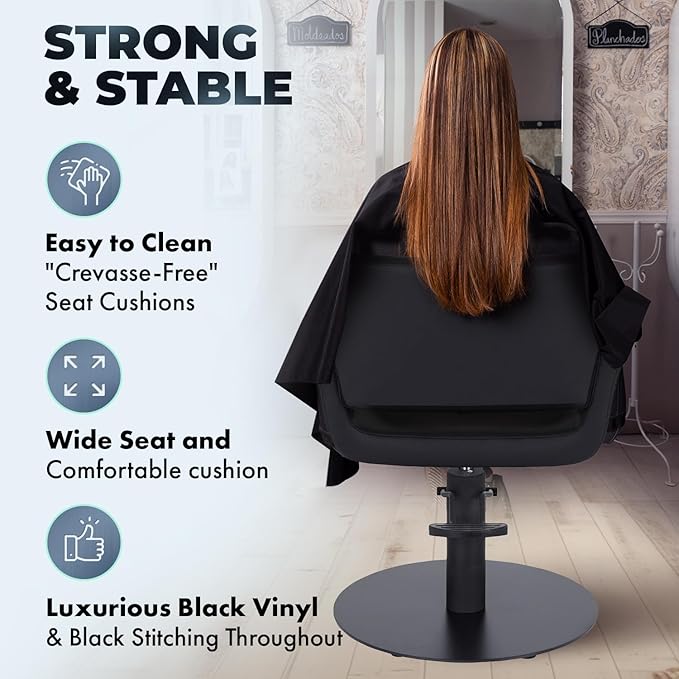Buy-Rite Capri Styling Chair for Professional Salons & Barbershops - Luxurious Black Vinyl, Black Stitching (Flat Base)