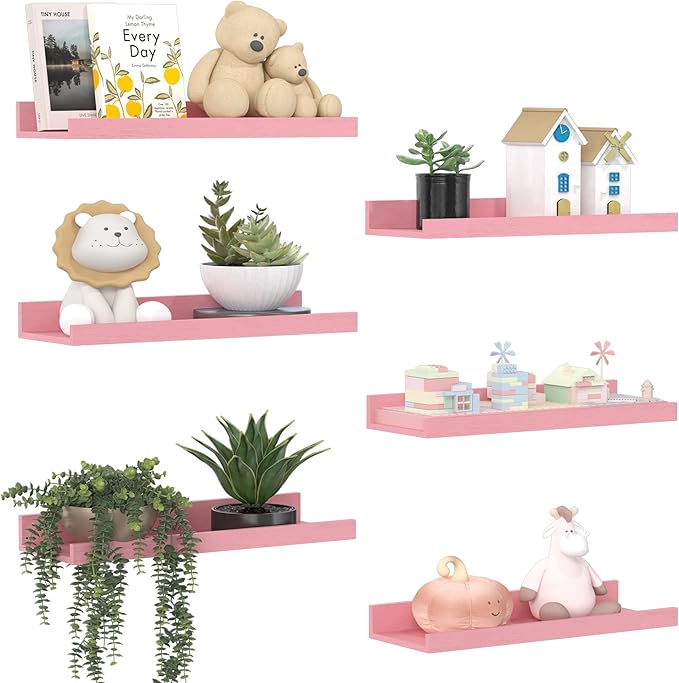 upsimples Floating Shelves for Wall Decor and Storage, Pink, 6Pcs 15.7'' | Wall Mounted Wood Shelves for Living Room, Bedroom, Bathroom, Kitchen, Office, Laundry Room Display and Organize