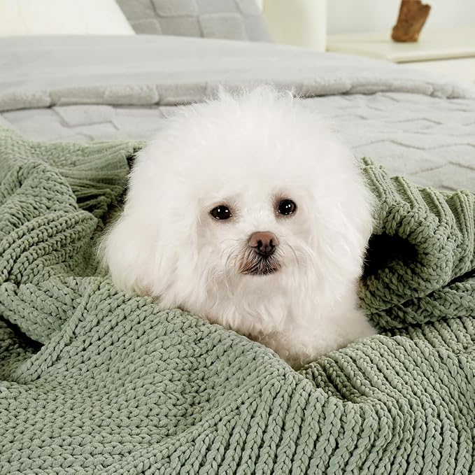 Knit Throw Blanket, Soft Chenille Cozy Breathable Chevron Chunky Decorative Blanket for Couch, Bed & Sofa, French-Inspired Lightweight Warm Gift for Women, Sage Green, 60"x80"
