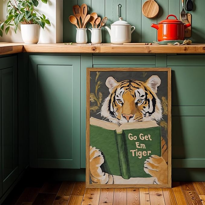 Framed Funny Tiger Wall Art, Motivational Animal Reading Wall Decor Paintings, Eclectic Go Get Em Tiger Canvas Prints Pictures Home Decor for Living Room Bedroom Dorm Office 16x24 inch