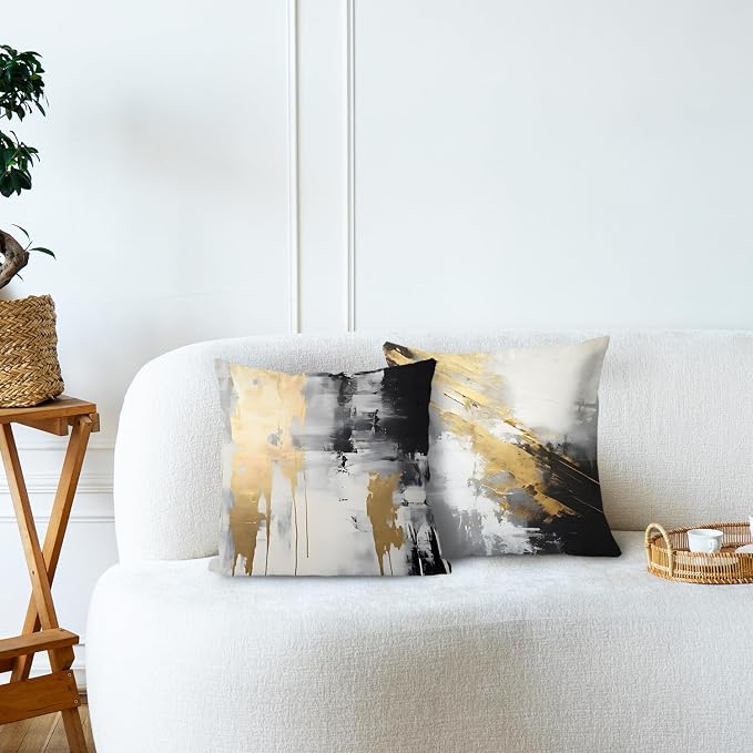 Abstract White & Gold Pillow Covers - 16x16 Set of 2, Modern Black & White for Couch, Bed & Living Room
