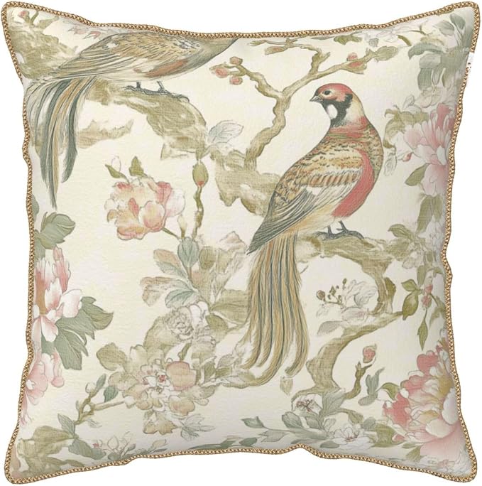 Vintage Bird Floral Velvet Pillow Covers 20x20 Inch Chinoiserie Flowers Leaves Throw Pillows for Couch Farmhouse Cushion Covers Pillowcase Light Green Leaf Pillow Cases for Sofa Bed Outdoor Decor