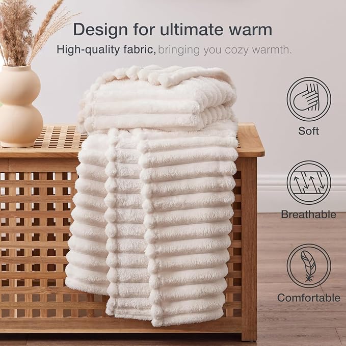 EXQ Home Fleece Blanket Twin Size for Couch or Bed - 3D Stripe Jacquard Decorative Blankets - Cozy Soft Lightweight Fuzzy Flannel Blanket Suitable for All Seasons(60"×80",Beige)