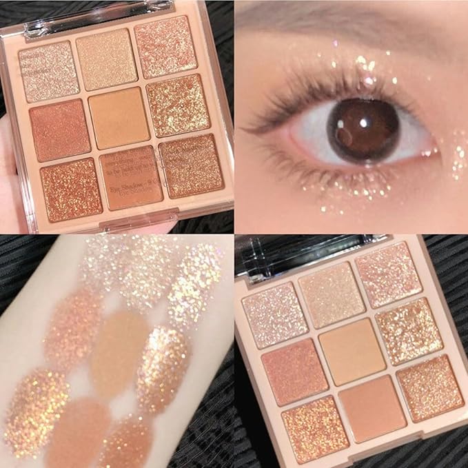 9 Colors Milk Tea Glitter Eyeshadow Palette, Matte Nude Neutral Brown Blendable Shades, Bronzer Champange Gorgeous Pearls Powder Eyeshadow, Sparkling Shimmer Daily Bright Diamond Makeup
