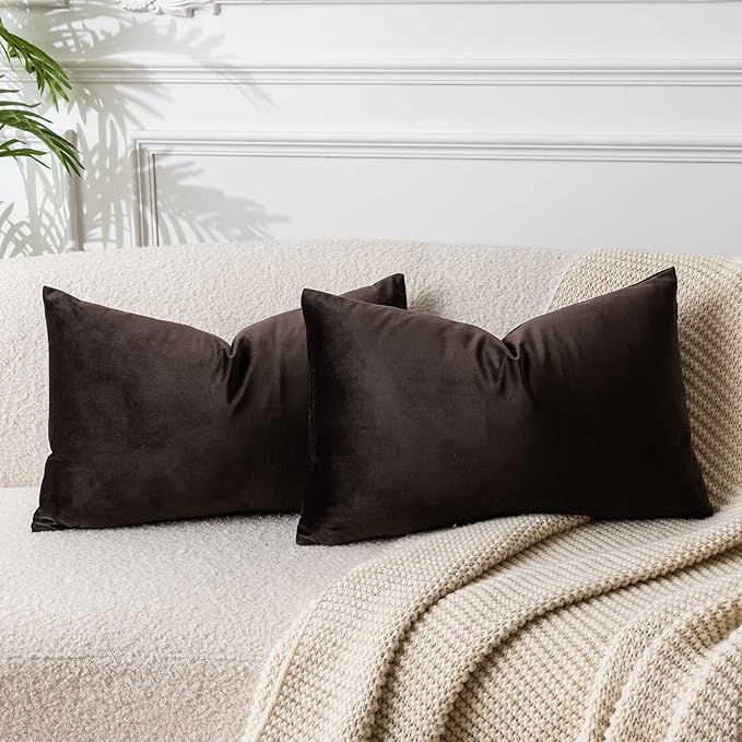 12x20 Throw Lumbar Pillow Covers Decorative Cushion Covers Set of 2,Coffee | Soft Velvet Pillow Cases with Invisible Zipper for Modern Couch Sofa Bed Living Room Bedroom Home Decor