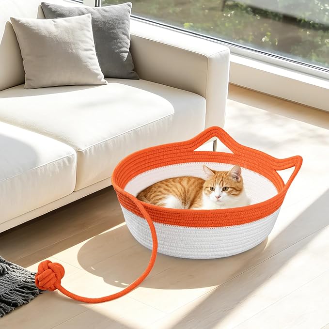 Cotton Rope Woven Cat Bed, Instinct Pet Basket with a Play Ball, Large | Foldable Cat Scratcher Basket for Indoor Cats, Puppies, Rabbits and Small Pets, Orange & White