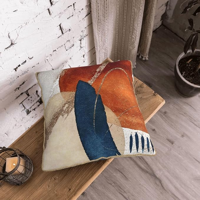 Navy Blue Burnt Orange Velvet Pillow Covers 18x18 Inch Boho Geometric Mid Century Throw Pillows for Couch Farmhouse Cushion Covers Pillowcase Modern Abstract Pillow Cases For Sofa Bed Outdoor Decor