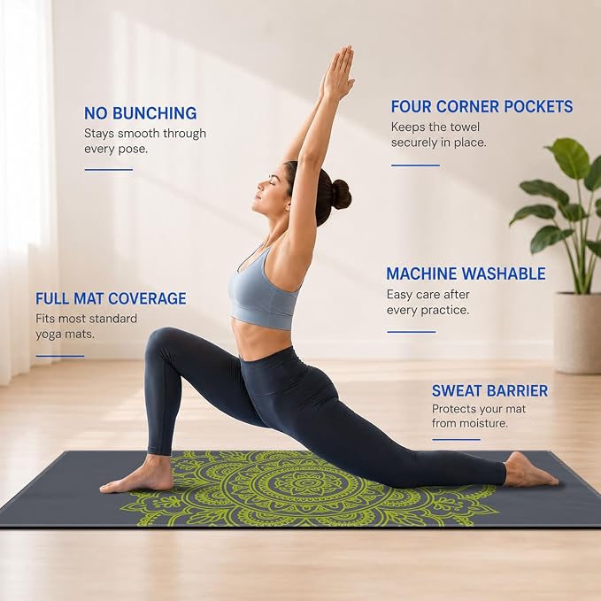 Yoga Mat Towel, Hot Yoga Non Slip with 4 Corner Pockets, 74 x 26 in | Soft Absorbent Microfiber With Four Corner Pockets, Fits Over Yoga Mats For Hot Yoga, Pilates, Gym, And Travel