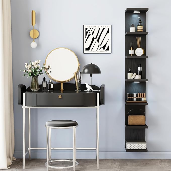Fixwal 7 Tier Wall Shelf with LED Lights Lack Shelf for Room Deocr (Black) | 76.8in Tall, Holds 44Lbs Total, Flexible Section Installation, Fits Any Room Decor