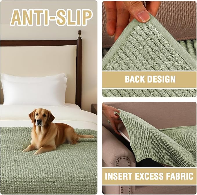 H.VERSAILTEX Plush Chenille Couch Cover for Dogs Pets Blanket for Bed Anti-Slip Soft and Durable Furniture Protector for Small Medium Large Cats Washable (52" x 82", Sage)