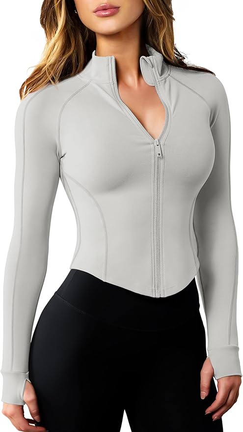 AVGO Women's Workout Jacket Lightweight Zip Up Cropped Yoga Jackets Slim Fit Athletic Tops with Thumb Holes