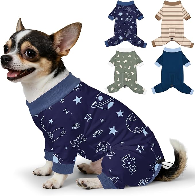 Bienbee Dog Pajamas, 4 Pack Adjustable Onesies for Small to Large Dogs XS | Dog Shedding Suit with Soft Fabric, Breathable & Stretchy, and Adjustable Back Length for Sleeping Lounging and Daily Use