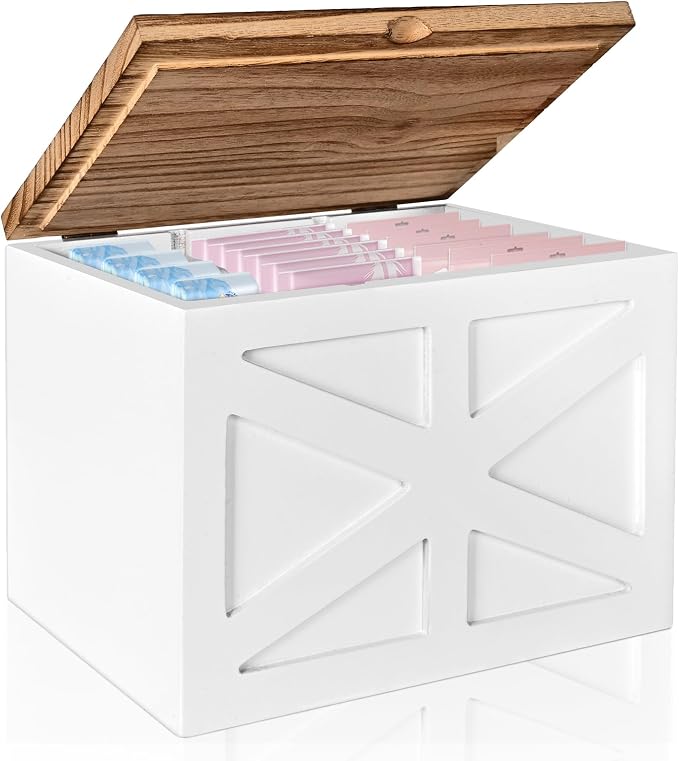 Tampon holder for bathroom，Feminine Product Organizer With Lid，Wood Tampon storage(White)