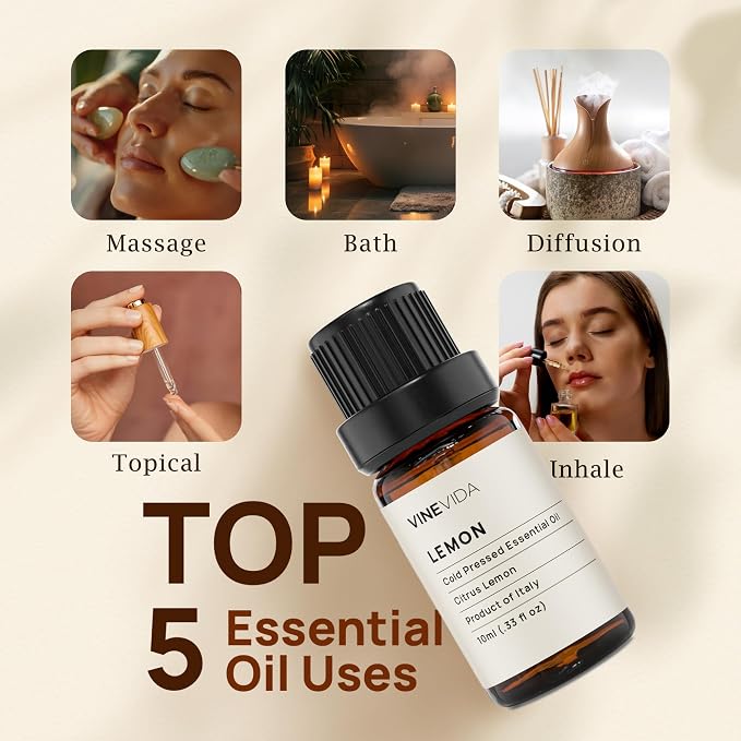 VINEVIDA Lemon Essential Oil 10 mL - Undiluted for Candle Making, Soap Making, DIY Candle Scents