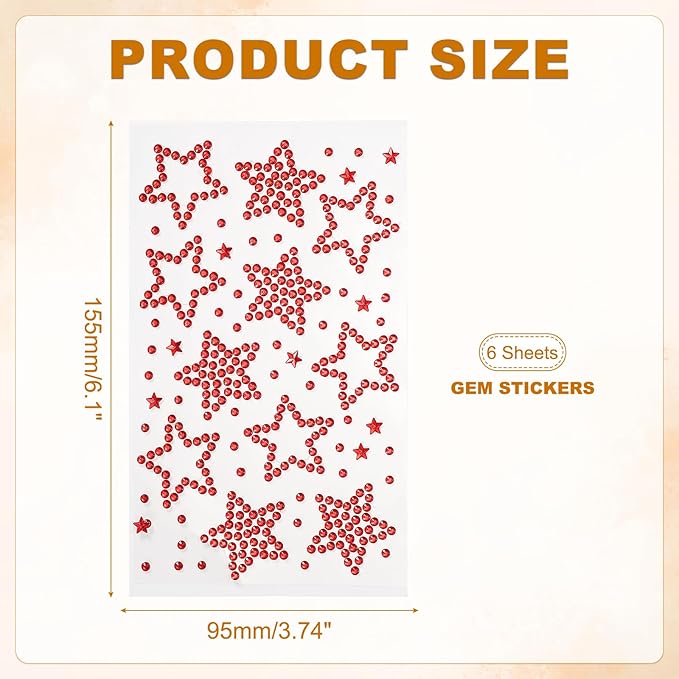 PATIKIL 6Sheets Star Face Gems, Self Adhesive Hair Gems Stickers Face Stickers for Women Eye Hair Body Festival Makeup Rave Accessories, Red
