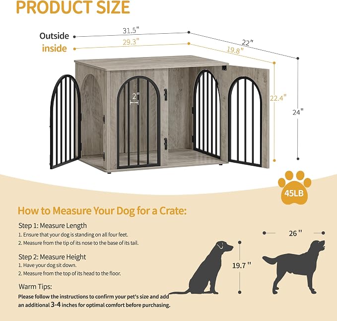 Hzuaneri 31.5'' Dog Crate Furniture,Dog Kennel Indoor for Small/Medium Dogs | Dog Kennel Furniture Wooden Dog Cage Heavy Duty Dog Crate Decorative Pet House End Side Table TV Stand,Greige Black DFC85105B