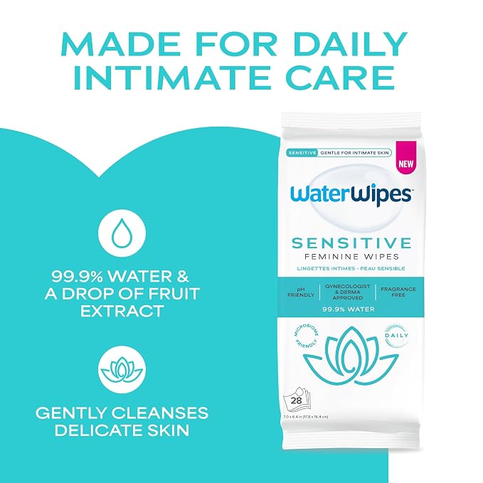 WaterWipes Sensitive Feminine Wipes, 99.9% Purified Water, pH Friendly for Daily Intimate Care, Gynecologist Approved, Fragrance Free, 112 Count (4 Packs)