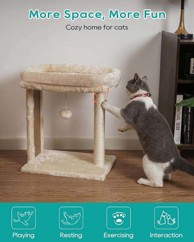 SYANDLVY Small Cat Tree for Indoor Cats, Scratching Board with Perch | Scratching Post for Small Cats, Kittens Scratcher with 2 Dangling Balls, Beige