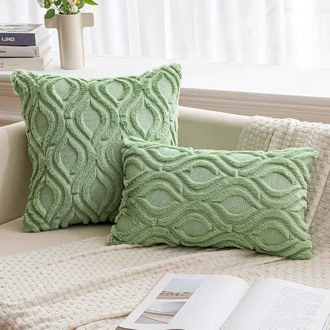 MIULEE Sage Green Soft Plush Faux Wool Lumbar Throw Pillow Covers 12x20 | Set of 2, Farmhouse Boho Home Decor, Decorative Cushion Covers for Sofa, Living Room, Bed