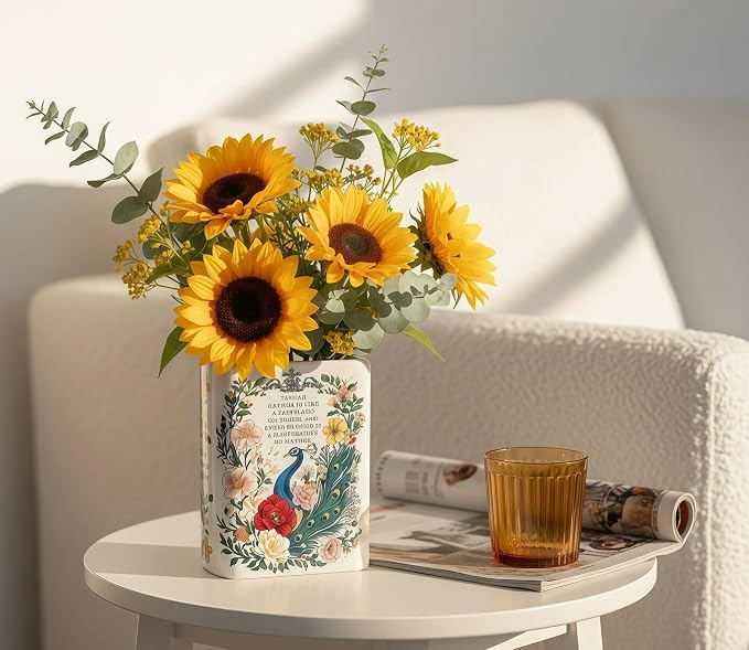 LIFFY Ceramic Vase for Flowers, 6.3 Inch Tall Farmhouse Centerpiece with Double Handles, Rustic Terracotta & Modern Navy White - Home Table Decor (Green-Peacock)