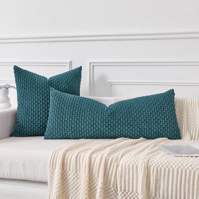Kevin Textile Soft Corduroy 20"x54" Body Pillow Cover 1 Pack, Teal Blue | Boho Stripe Plush Corduroy Decorative Oblong Cushion Cover Modern Farmhouse Home Decor for Sofa Couch Bed Chair