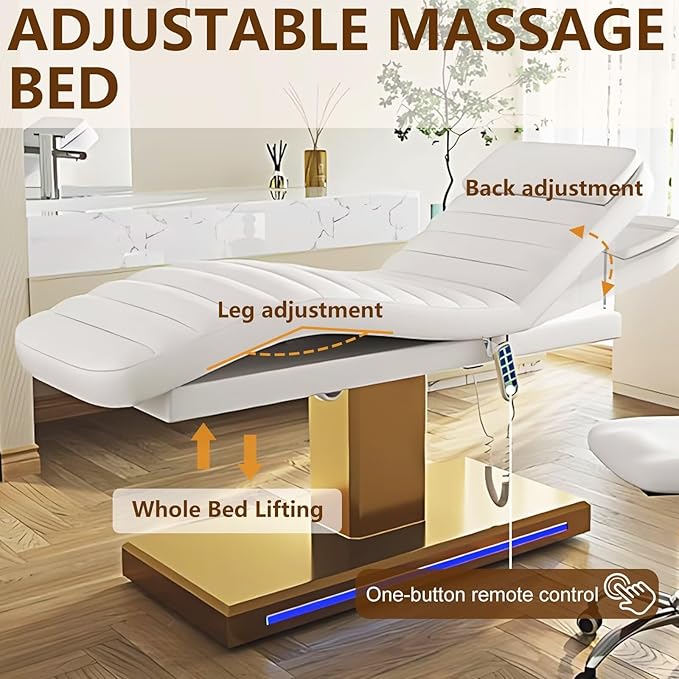 Massage Table-Electric Massage Table with White Light Luxury Style, Facial Beauty Table Includes Intelligent Angle Adjustment, Ambient Light