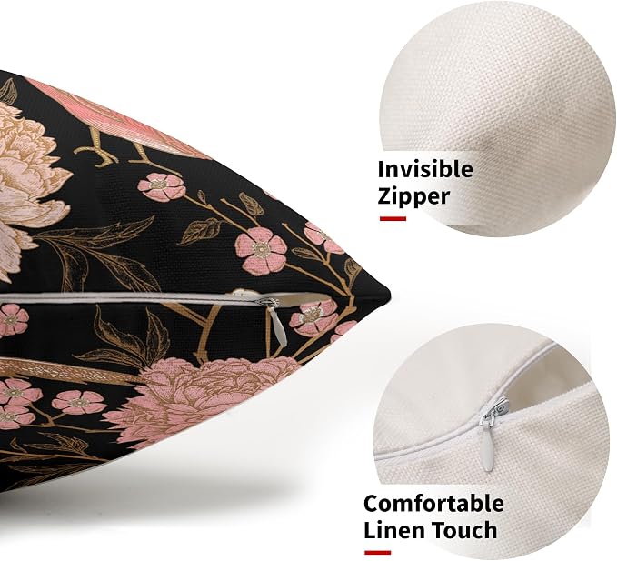 Flowers Birds Leaf Lumbar Pillow Covers 12X20 Inch Set of 2 Pink White Roses Floral Decorative Pillow Cases Art Black Gold Cotton Linen Cushion Case Vintage Home Decor for Sofa Couch Porch Outdoor