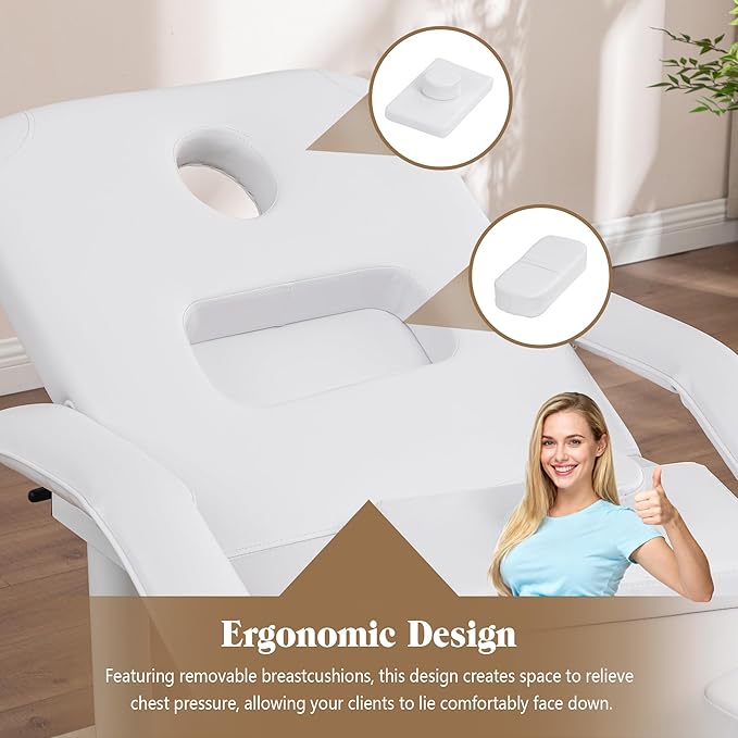 Professional Massage Bed with Armrests Stationary Adjustable Massage Table Spa Bed 73" x27” Physical Therapy Table with Memory Foam Salon Bed w/Removable Headrest White