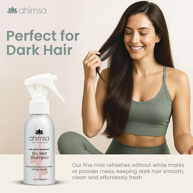 Ahimsa Non Aerosol Dry Shampoo Mist Spray, No White Residue Dark Hair Post Workout Dry Shampoo for Sweat, Oil & Odor Control - Cruelty Free - Vegan - Liquid & Quick Dry, Jasmine Scent (4oz)
