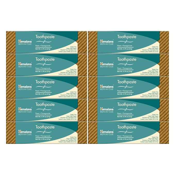 Himalaya Botanique Neem & Pomegranate Travel Toothpaste, Mint Flavor - Travel Size Fluoride Free Toothpaste Fights Plaque & for Fresh Breath - Vegan, Gluten Free, No SLS, 0.74 oz (Pack of 10)