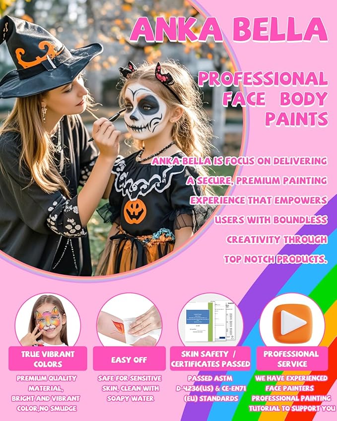 Anka Bella Professional Face Painting Kit for Kids,Rainbow Cake Face Paint with Stencil(12x10gm),Non-Toxic Water Based Face Paint Palette for Birthday Parties/Halloween/Carnival