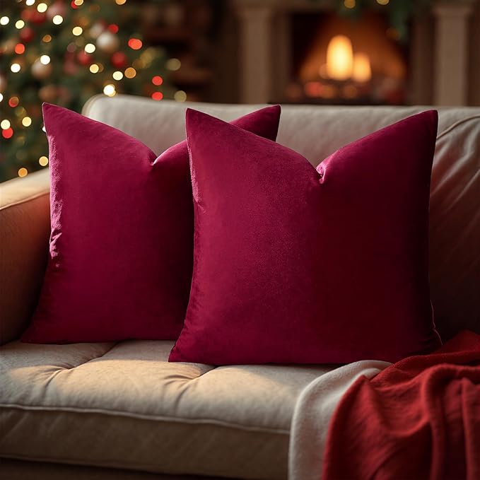 GIGIZAZA Burgundy Velvet Pillow Covers 18x18 Decorative Pillows Pack of 2 | Red Throw Pillows for Couch Sofa,280gsm Soft Textured Fabric,Modern Square Pillowcases,Luxury Cushion Covers