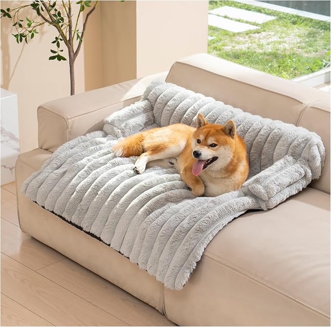 Avont Breathable Dog Couch Mat, Non-Slip Sofa Protector with Soft Plush | Available with Faux Rabbit Fleece and Washable Cover, in M and L, Dark Grey, Light Grey, Brown