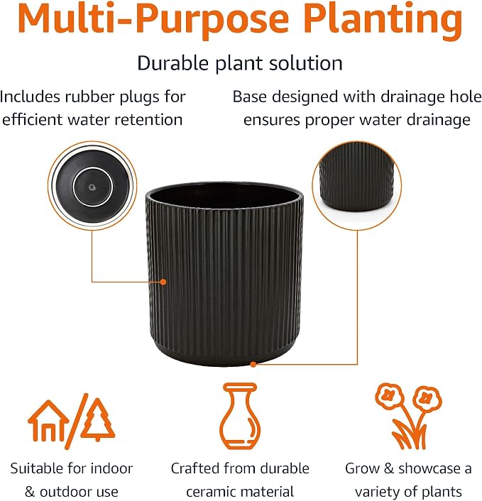 Amazon Basics Fluted Ceramic Planter Pot for Indoor Outdoor Plants, Round Flower Pot with Drainage Hole, 10-inch, Black