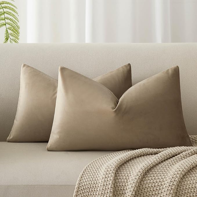 12x20 Throw Lumbar Pillow Covers Decorative Cushion Covers Set of 2,Stone | Soft Velvet Pillow Cases with Invisible Zipper for Modern Couch Sofa Bed Living Room Bedroom Home Decor