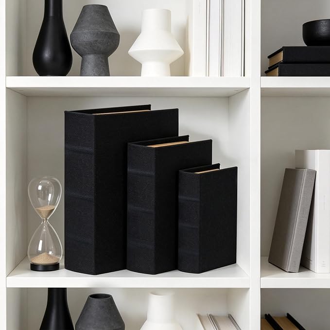 Jolitac Decorative Book Boxes, Faux Linen & Wood, Set of 3 | Stackable hidden storage containers, handcrafted, for coffee table, shelf decor, remotes & jewelry