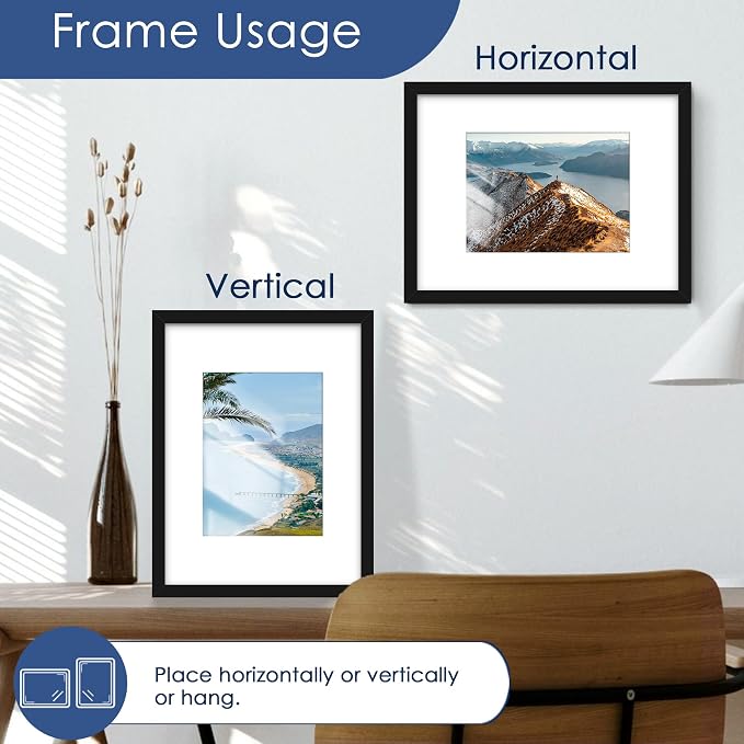 9x12 Picture Frame Set of 6, Wall or Tabletop Display, Black | Display Pictures 6x8 with Mat or 9x12 Without Mat, Horizontal or Vertical, Gallery Wall Frame Set, Wedding Birthday Gifts