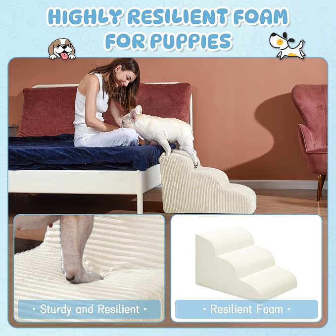 Mesa Lemon 3 Step Dog Stairs Pet Ramp for High Beds, Sofas and Cars | High Density Foam, Non-Slip Bottom, Removable Washable Cover, Portable Handle, Holds Up to 50 lbs, 16 Inch Height