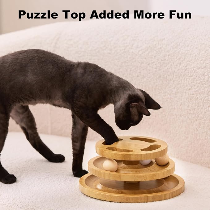 ZOMISIA Cat Ball Track Toy with Puzzle Top, Wooden Cat Toys for Indoor Cats