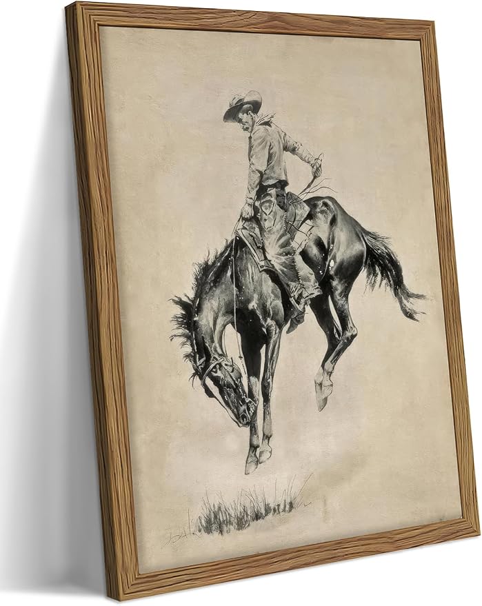 Western Cowboy Wall Art, Vintage Farmhouse Canvas Wall Decor Painting, Retro Southwestern Cowboy Artwork Prints Pictures for Bedroom Living Room Home Decor 16x24 Inch Framed