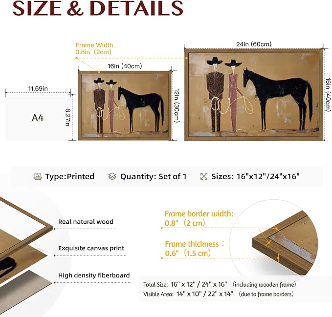VziizV Vintage Western Cowboy Canvas Wall Art, Abstract Southwestern Cowgirl Artwork, American Ranch Farmhouse Decor, Minimalist Black Horse Canvas for Living Room Bedroom Wood Framed 12x16 Inch