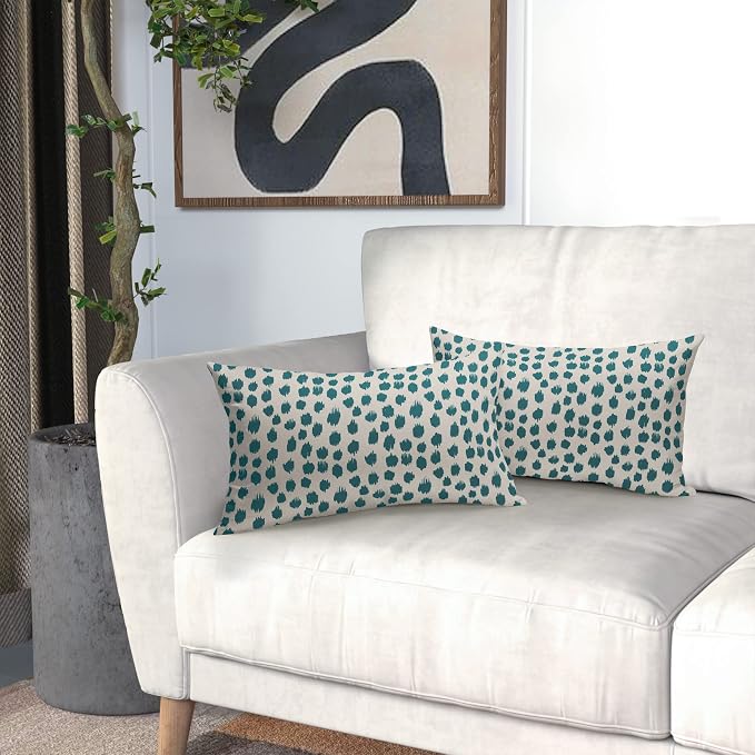 Teal Cream Pillow Covers 12x20 Set of 2 Boho Design Polka Dot Throw Pillows Modern Brush Strokes Print Decorative Outdoor Pillowcase Lumbar Cushion Cover Linen Pillow Case for Home Sofa Couch Bed