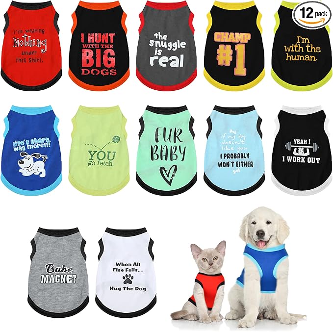 Bbto 12 Pcs Dog Shirts, Summer Printed Puppy Clothes,X-Small | Breathable Pet Clothes for Small Cats Dogs, Cool and Soft Shirts with Funny Letters, 12 Styles Chihuahua Puppy Outfits