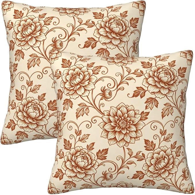 Terracotta Brown Floral Toile Pillow Covers 18x18 Set of 2, Vintage Dahlia & Peony Throw Pillow Covers Outdoor Decorative Pillow Case for Couch Bed Sofa Cushion Home Decor