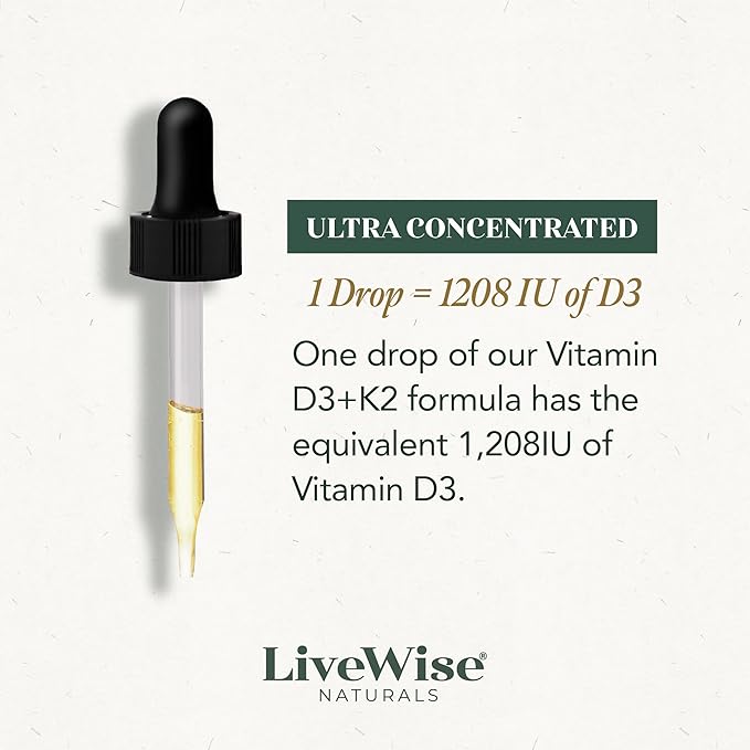 Vitamin D3 with K2 Liquid Drops, All Natural, Non-GMO, 1208iu D3 and 25mcg K2 (mk7) per Serving, Support Your Bones, Immune System and Energy Levels, with or Without Peppermint Oil